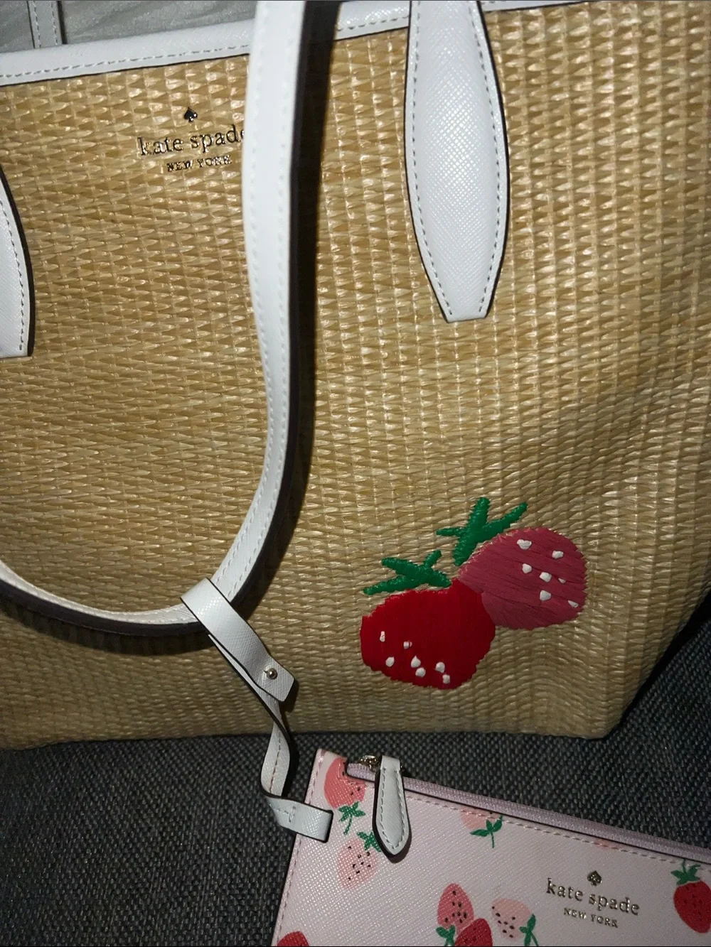 kate spade Straw Tote with White Trim and Pink Strawberry Pouch